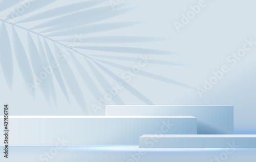 Cosmetic light blue background minimal and premium podium display for product presentation branding and packaging presentation. studio stage with shadow of leaf background. 3D illustration design
