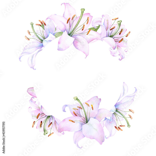 Round frame  wreath with white and pink lily flowers  watercolor illustration