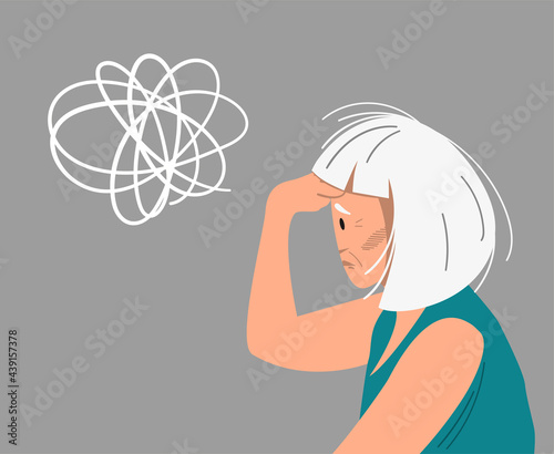 Eldery gray-haired woman with dementia and bewildered thoughts in her mind. Concept of memory loss anf fight with amnesia and mental disorder. Vector illustration.