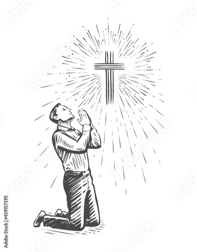 Sketch of human praying with hands folded in worship. Hand drawn vector illustration
