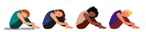 Tired women of different ethnicity sitting on the floor. Concept of emotional burnout or mental disorder. Colorful flat illustration in cartoon style.