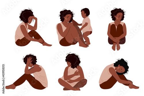 Sad mother sitting on the floor with her crying child. Postpartum depression concept. Colorful vector illustration in flat cartoon style.