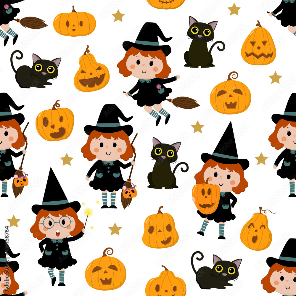 Obraz premium Cute witch, pumpkin and black cat seamless pattern. Halloween cartoon character background.