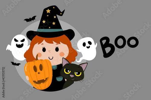 Happy halloween greeting card with cute witch, ghost, black cat and orange pumpkin. Holidays cartoon character vector