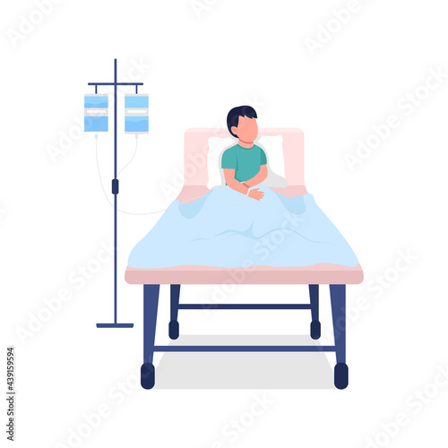 Kid in hospital bed semi flat color vector character. Sick child figure. Full body person on white. Emergency treatment isolated modern cartoon style illustration for graphic design and animation