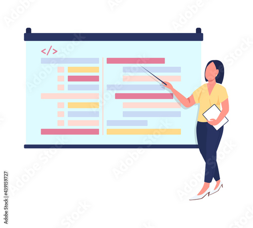 Presentation on programming semi flat color vector character. Businesswoman figure. Full body person on white. IT seminar isolated modern cartoon style illustration for graphic design and animation