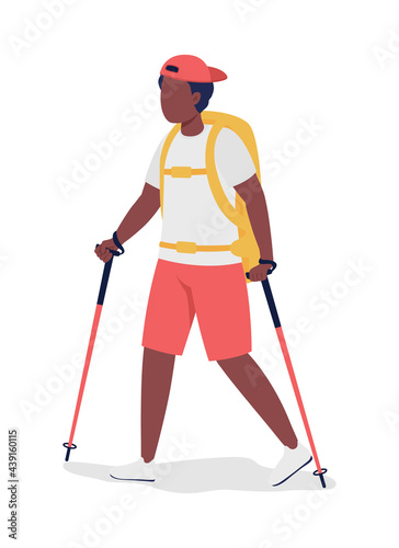 Boy with backpack hiking semi flat color vector character. Trekker figure. Full body person on white. Outdoor activity isolated modern cartoon style illustration for graphic design and animation