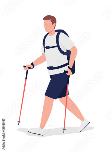 Man on nordic walk semi flat color vector character. Trekker, hiker figure. Full body person on white. Outdoor activity isolated modern cartoon style illustration for graphic design and animation