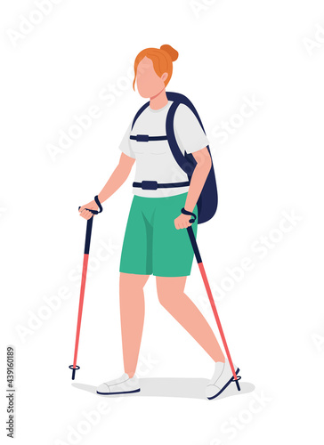 Woman with backpack on trip semi flat color vector character. Trekker figure. Full body person on white. Outdoor activity isolated modern cartoon style illustration for graphic design and animation