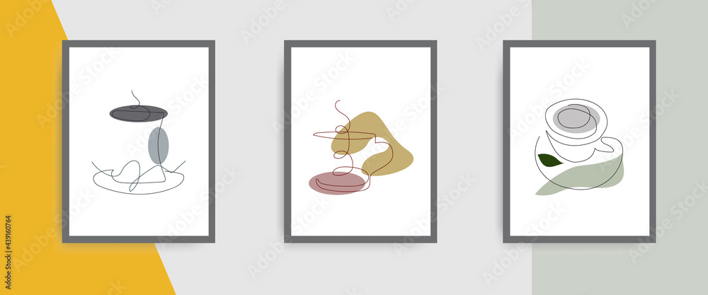 One line-art vector cup of tea design in white frame background. Modern beautiful single-line art design. Stylish set of wall art illustration wallpaper. best for a social media story.