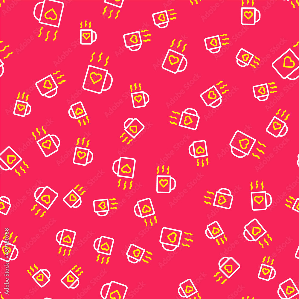 Line Coffee cup and heart icon isolated seamless pattern on red background. Couple coffee for lovers on Valentines Day. Vector