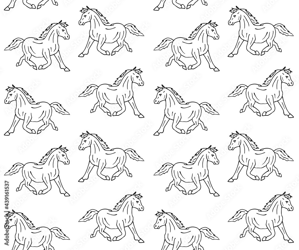 Vector seamless pattern of hand drawn doodle sketch pony horse isolated on white background
