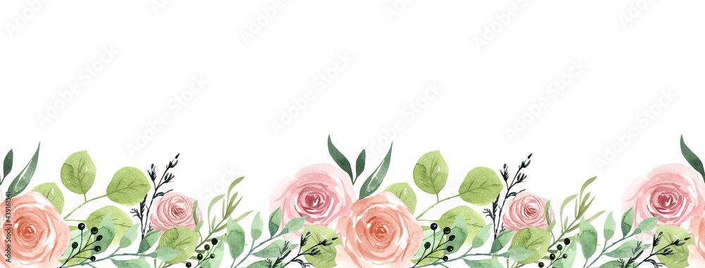 Hand drawn watercolor frame of roses, green leaves, branches, herbs. Pink flowers. Foliage, Oval frame, square frame. For invitation, greeting cards, posters, business cards Hand drawn watercolor frame of roses, green leaves, branches, herbs. Pink flowers. Foliage, Oval frame, square frame. For invitation, greeting cards, posters, business cards