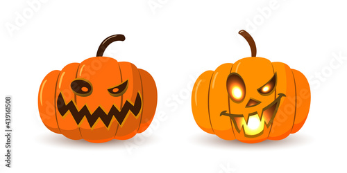 Halloween pumpkin icon set. Autumn symbol. 3D design. Halloween scary pumpkin face  smile  candle light  branch. Orange squash silhouette isolated white background. Cartoon colorful Vector llustration