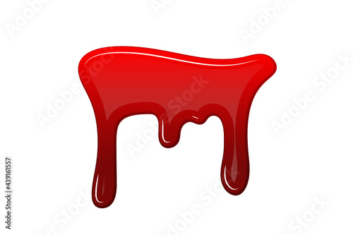 Blood drip 3d. Halloween bloodstain isolated white background. Splatter stain. Horror drop flow. Red scare ink. Blot texture. Colorful splash. Stream bleeding. Flowing liquid Vector illustration