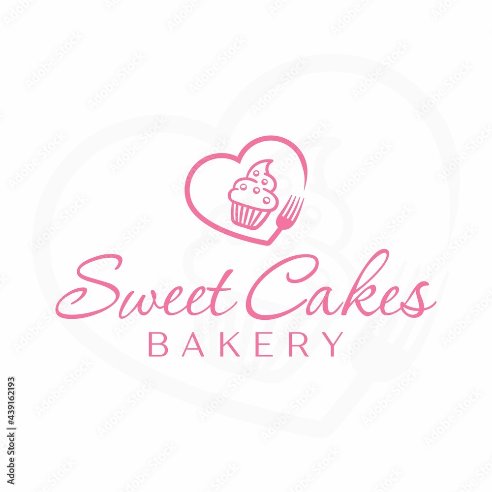 Sweetcakes logo design. Cake bakery vector logo template. Cupcake love symbol.  