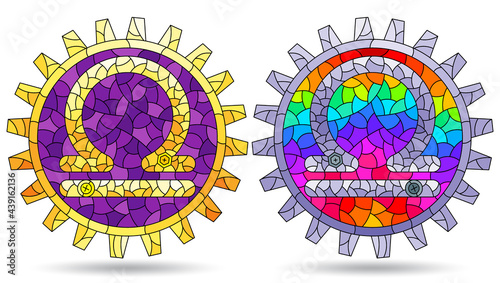 Illustration in the style of a stained glass window with a set of zodiac signs gemini, figures isolated on a white background