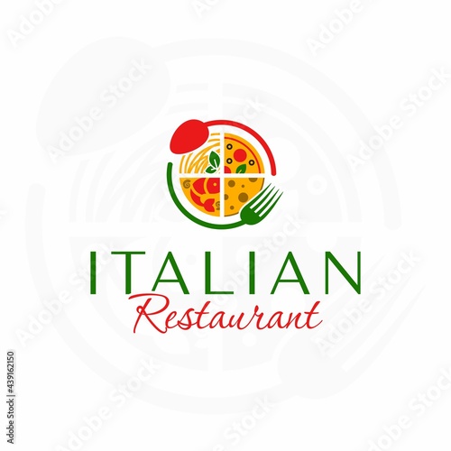 Italian restaurant logo. Spaghetti. Pizza. Italian cheese. Seafood. Circle spoon and fork. Italian food.