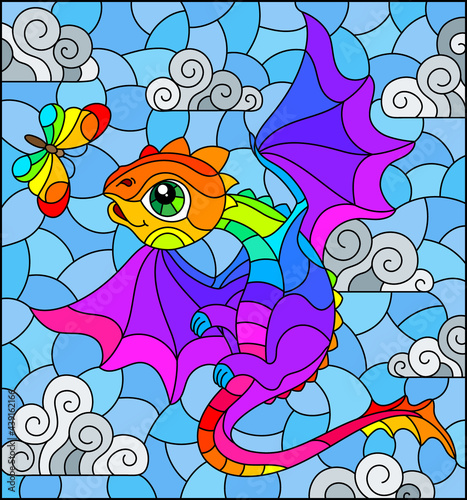 Stained glass illustration with bright rainbow cartoon dragon against a cloudy blue cloudy sky, rectangular image
