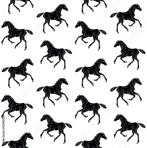 Vector seamless pattern of black hand drawn doodle sketch horse foal isolated on white background