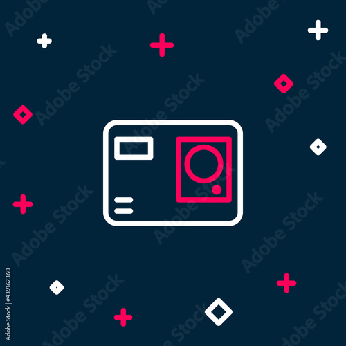 Line Action extreme camera icon isolated on blue background. Video camera equipment for filming extreme sports. Colorful outline concept. Vector
