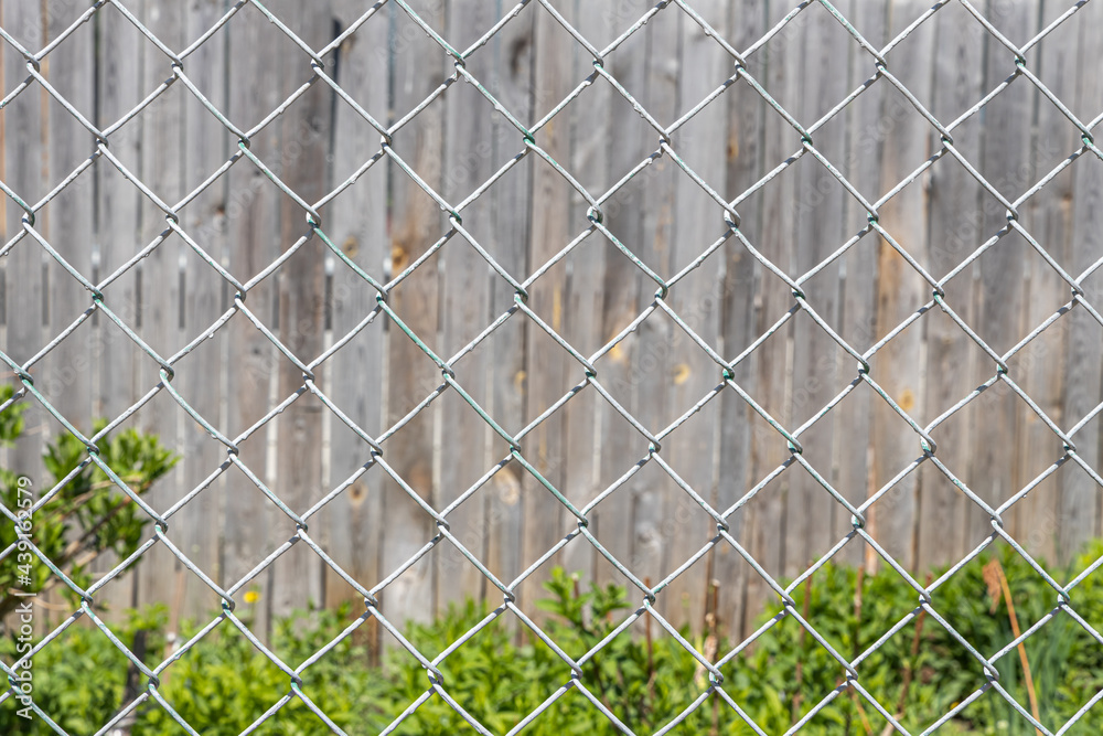 Fototapeta premium Texture of Rhombic cells of a white metal lattice is in the sunny day in the summer park on the gray wood background