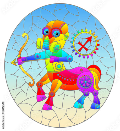 Fototapeta Naklejka Na Ścianę i Meble -  Illustration in the style of a stained glass window with an illustration of the steam punk sign of the horoscope Sagittarius, oval image