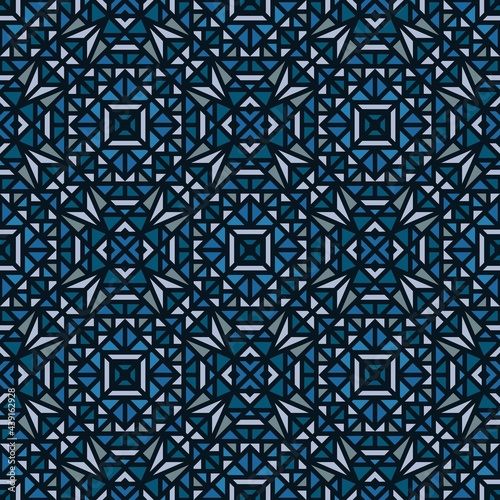 Seamless blue pattern with a small geometric ornament on a black background in vector