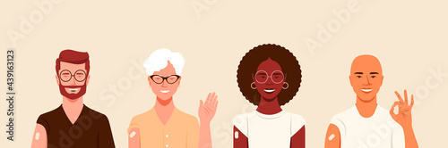 vector illustration banner of four people of various ages, various genders and ethnicities with bandages on their arms. pandemic and global vaccination concept.