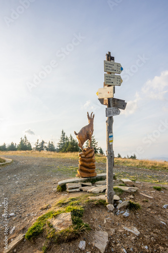 Tourist signpost in the Czech republic mountains Jeseniky on the top of Serak mountain. photo