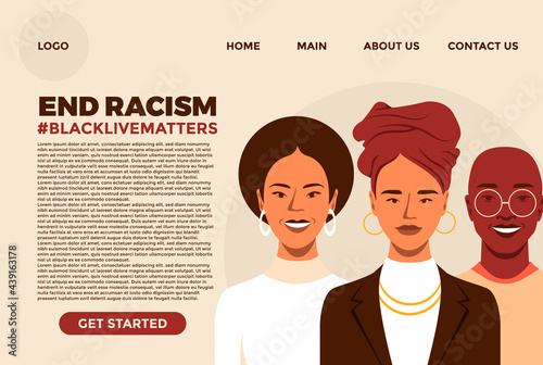Website vector template. portrait of smiling people of black afro american ethnicities. equality concept and black lives matters.