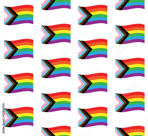 Vector seamless pattern of flat cartoon new lgbt lgbtq+ rainbow flag isolated on white background