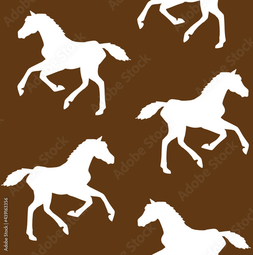 Vector seamless pattern of white hand drawn horse foal silhouette isolated on brown background