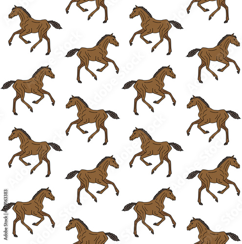 Fototapeta Naklejka Na Ścianę i Meble -  Vector seamless pattern of colored hand drawn doodle sketch horse foal isolated on white background