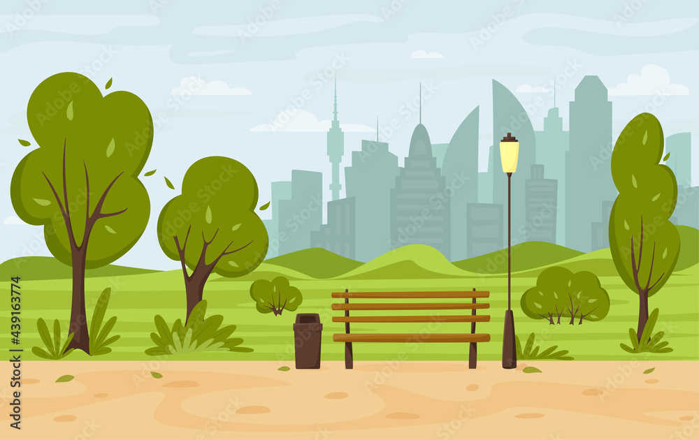 City summer park with green trees and bushes, park bench, walkway ...