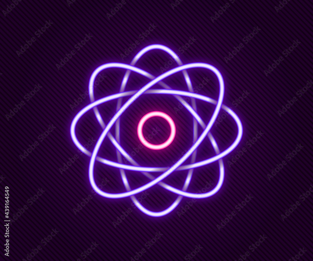 Glowing neon line Atom icon isolated on black background. Symbol of science, education, nuclear physics, scientific research. Colorful outline concept. Vector Glowing neon line Atom icon isolated on black background. Symbol of science, education, nuclear physics, scientific research. Colorful outline concept. Vector