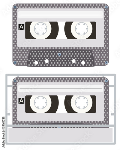 Audio cassette retro plus into transparent cassette holder non-existing model, vector illustration svg