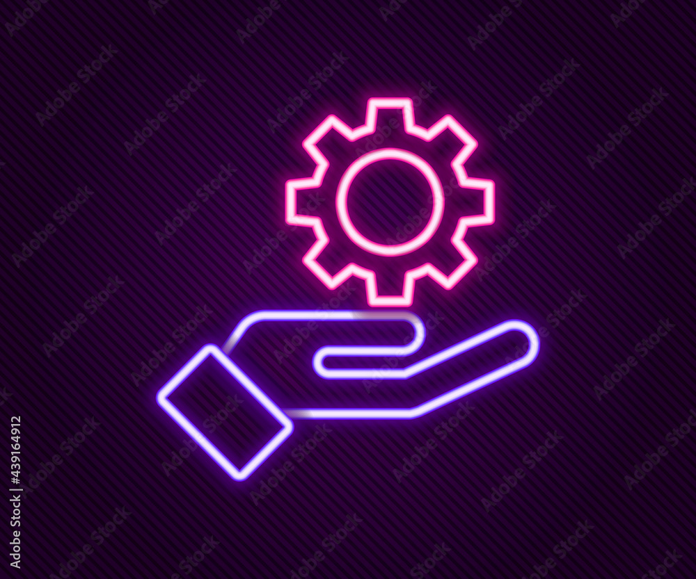 Glowing neon line Settings in the hand icon isolated on black background. Colorful outline concept. Vector Glowing neon line Settings in the hand icon isolated on black background. Colorful outline concept. Vector
