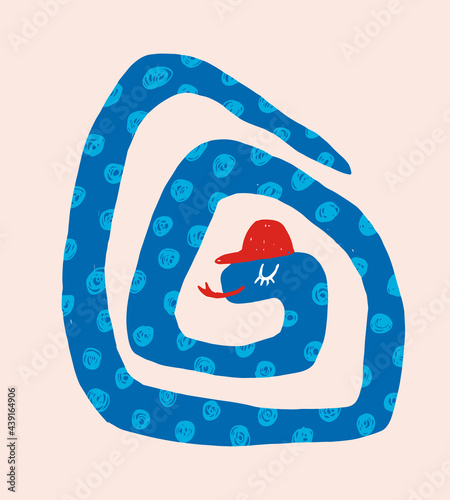 Cute Simple Vector Illustration with Blue Happy Snake Isolated on a Pastel Pink Background. Simple Nursery Art for Kids. Print with Funny Dotted Snake ideal for Wall Art, Card, Poster, Decoration.