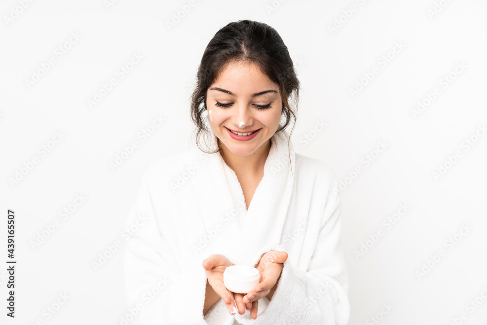 Young caucasian woman isolated on white background with moisturizer and offering it Young caucasian woman isolated on white background with moisturizer and offering it