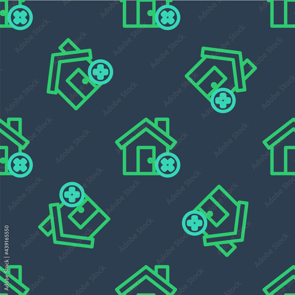 Line House with wrong mark icon isolated seamless pattern on blue background. Home and close, delete, remove symbol. Vector