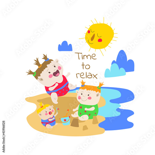 Pretty little girls playing on the beach. Friends relaxing on the beach. Vector illustration in cartoon style. Hand drawing on white background. Suitable for printing postcards, posters, flyers. 
