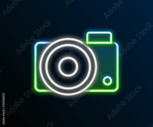 Glowing neon line Photo camera icon isolated on black background. Foto camera icon. Colorful outline concept. Vector