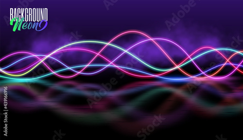 Abstract background with blurred magic neon light lines. High-speed abstraction. Shining blue fine lines. Energy waves. Purple, red, blue. Sound wave. Equalizer visualization effect.