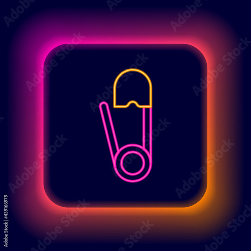 Glowing neon line Classic closed steel safety pin icon isolated on black background. Colorful outline concept. Vector
