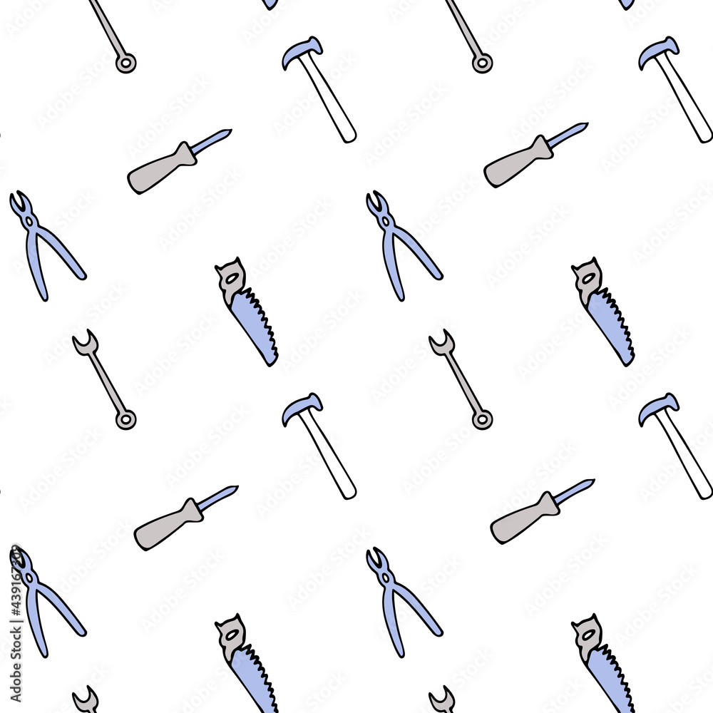 Seamless pattern with repair tools: screwdriver, pliers, saw, hammer, adjustable wrench. Design for wallpaper and wrapping, fabric and textile.
