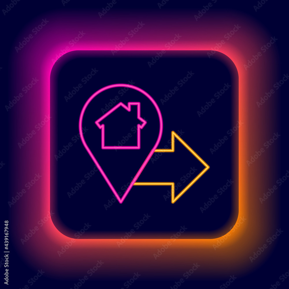 Glowing neon line Map pointer with house icon isolated on black background. Home location marker symbol. Colorful outline concept. Vector Glowing neon line Map pointer with house icon isolated on black background. Home location marker symbol. Colorful outline concept. Vector