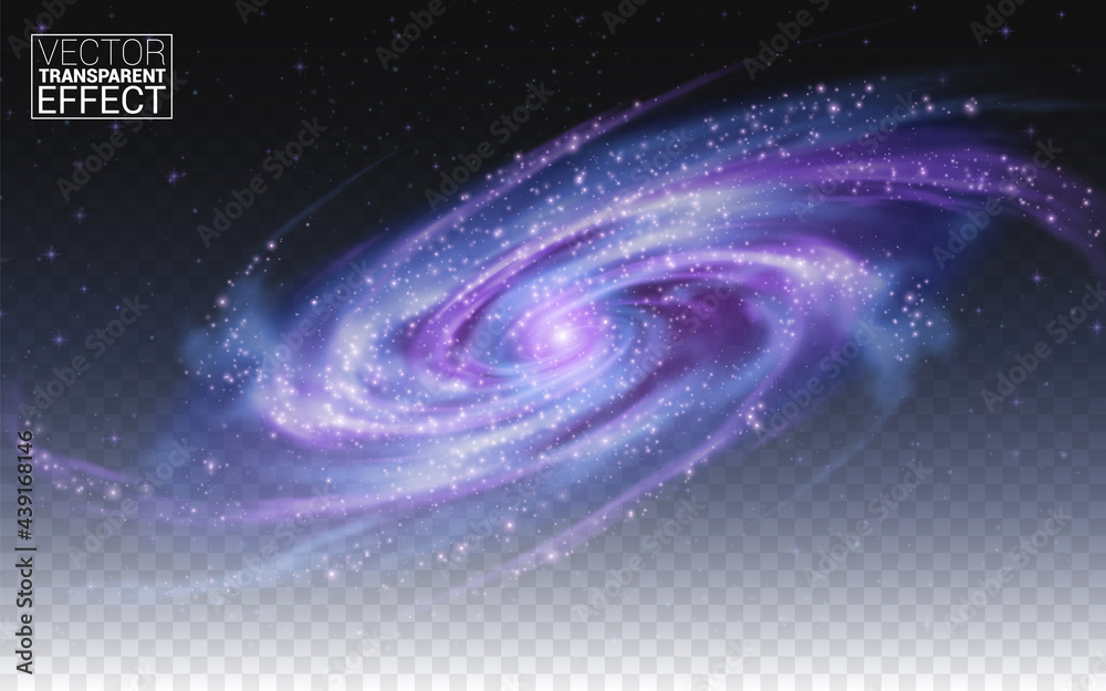 Realistic Galaxy. transparent background effect. Spiral galaxy template. Vector illustration.