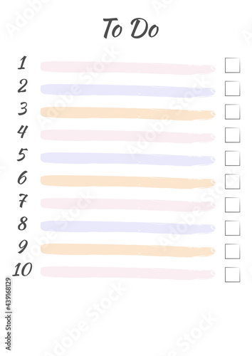 To Do list. Numbered list with checkbox and watercolor lines in pastel colors.