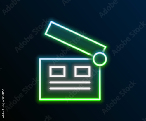 Glowing neon line Movie clapper icon isolated on black background. Film clapper board. Clapperboard sign. Cinema production or media industry. Colorful outline concept. Vector